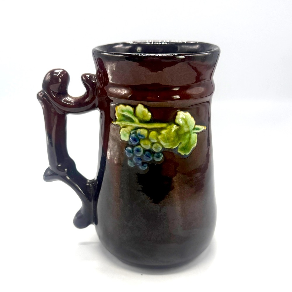 VTG Peters & Reed Handmade Brown Stoneware Mug-Pitcher, 3D Raised Painted Grapes